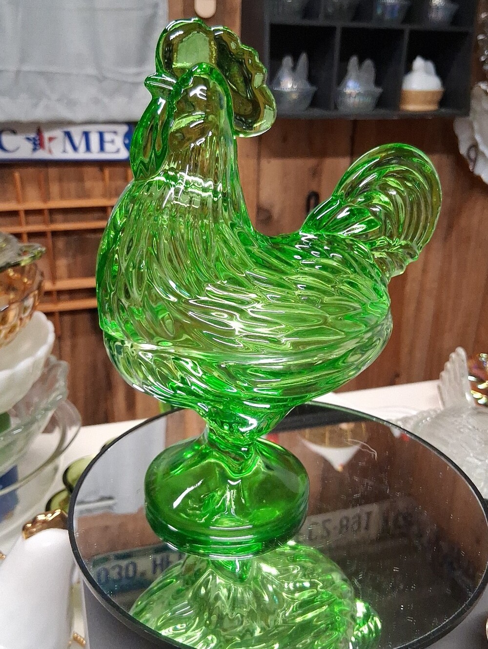 Brilliant Emerald Green Glass Rooster Candy Dish, Standing Rooster, Hen On Nest